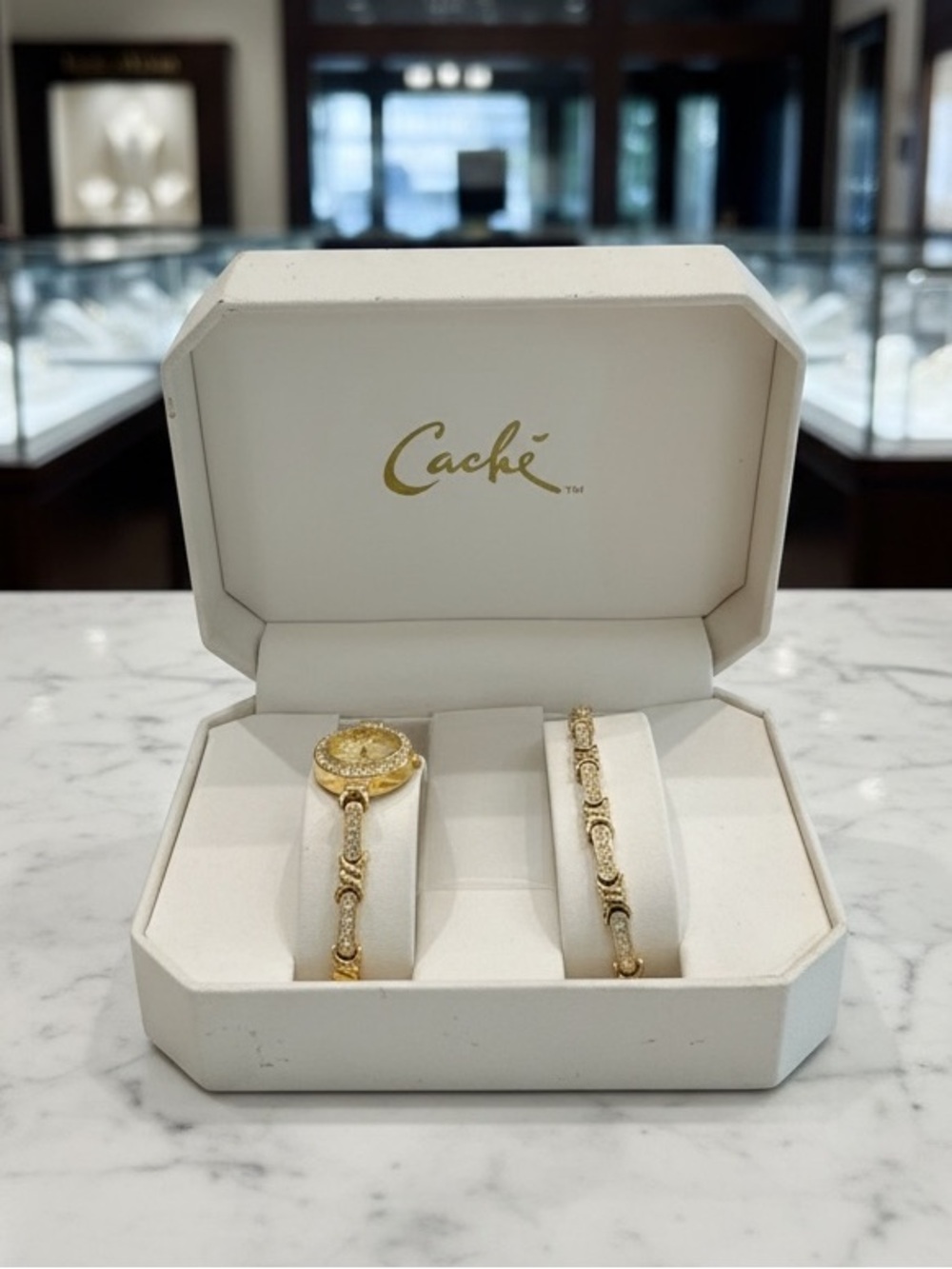 Vintage Cache Gold-Tone & diamond Women's Watch and Bracelet Set year 1999